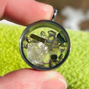 Enhydro Herkimer, Tourmaline and Pyrite Pendant. Glows under black light!